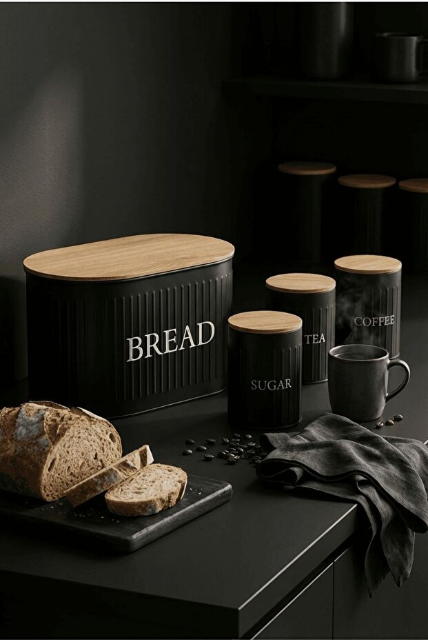 Set of 4 Metal Bread Boxes with Wooden Lids, Tea, Coffee, Sugar Organizer Black