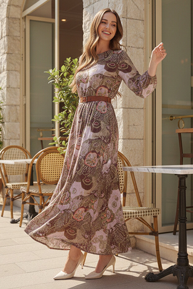 Patterned Belted Dress Khaki 4830