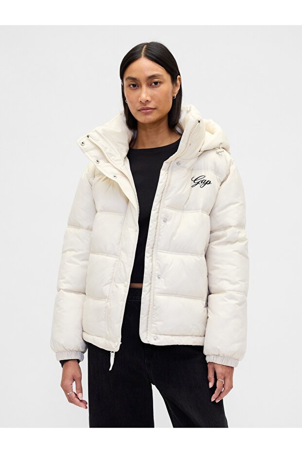 Kadın Beyaz Logo Puffer Şişme Mont - 1