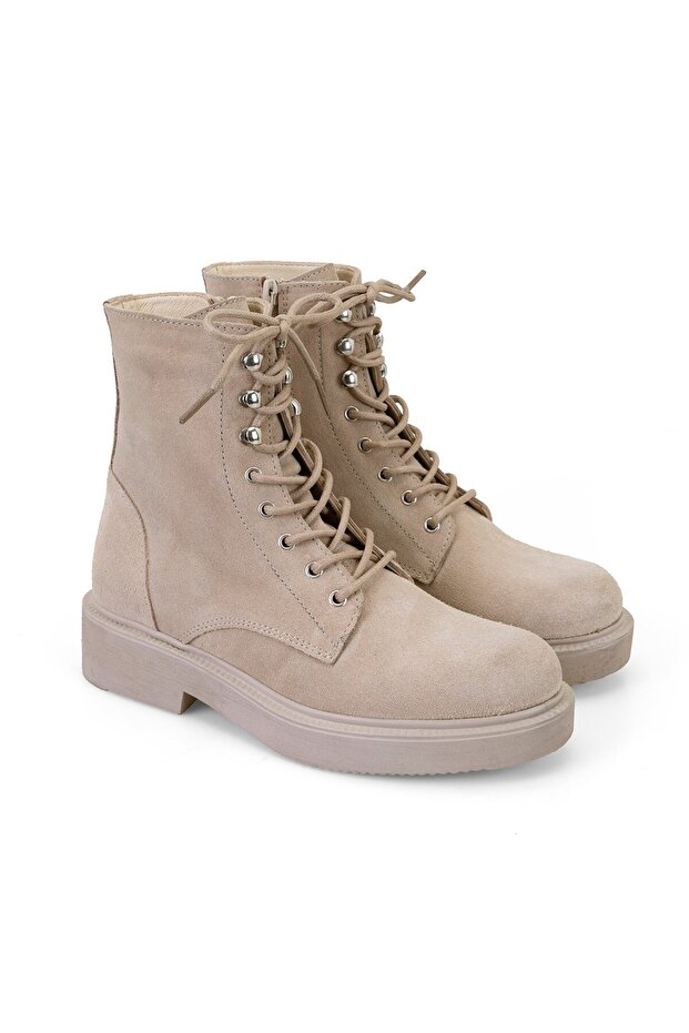 Women's Beige Zippered Suede Leather Boots