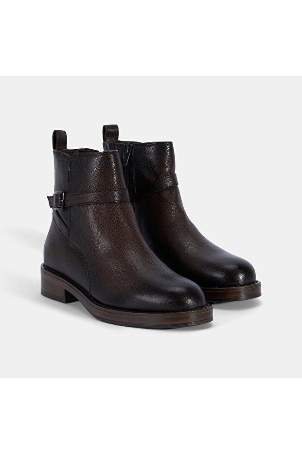 Women's Brown Adjustable Buckle Leather Boots