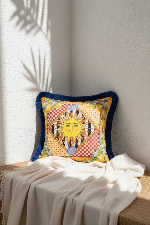 Sole Di Sicilia Sun Patterned Yellow Design Fringed Velvet Throw Pillow Cover - 43X43Cm
