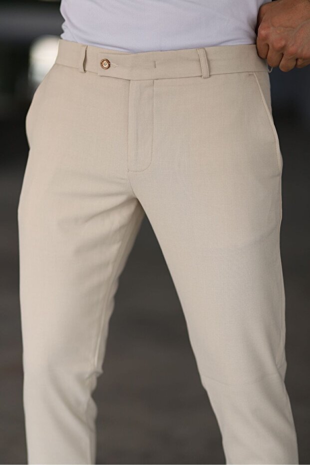 Erkek Krem Renk Kaliteli Esnek Likralı Bilek Boy Kumaş Pantolon (100-130 kg battal beden 40-42-44) - 4