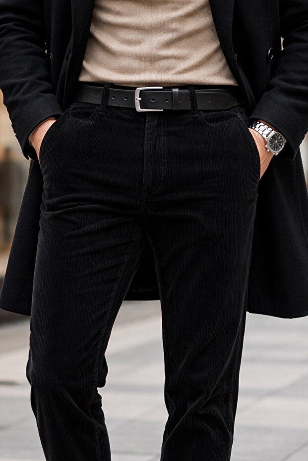 Men's Black Velvet Trousers with Ribbed Classic Cut and Pockets