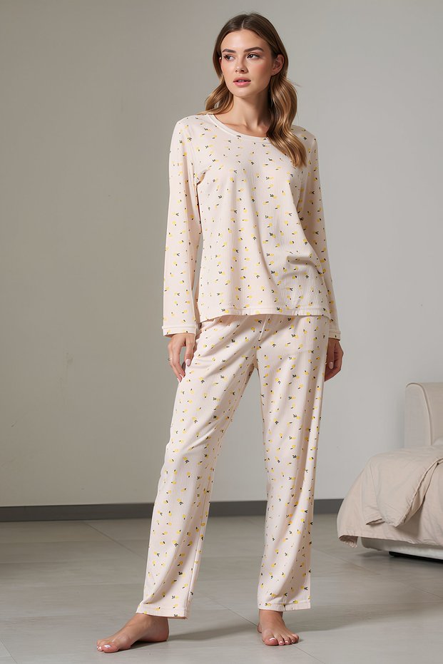 Lemon Patterned Yellow Pajama Set Women's Long Sleeve Comfortable Home Wear