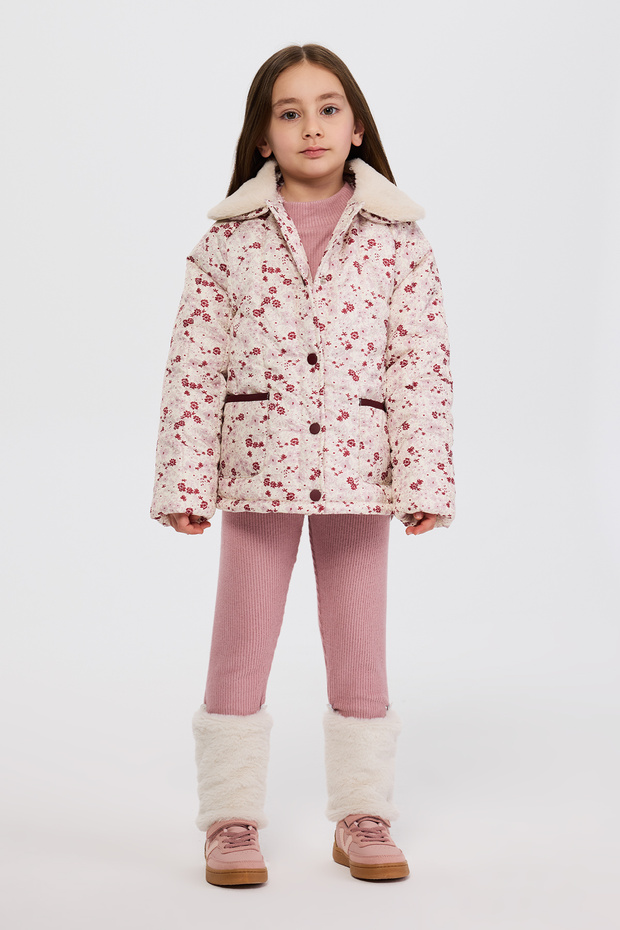 Girl's Detachable Collar Fur Detailed Floral Patterned Lined Ecru Coat