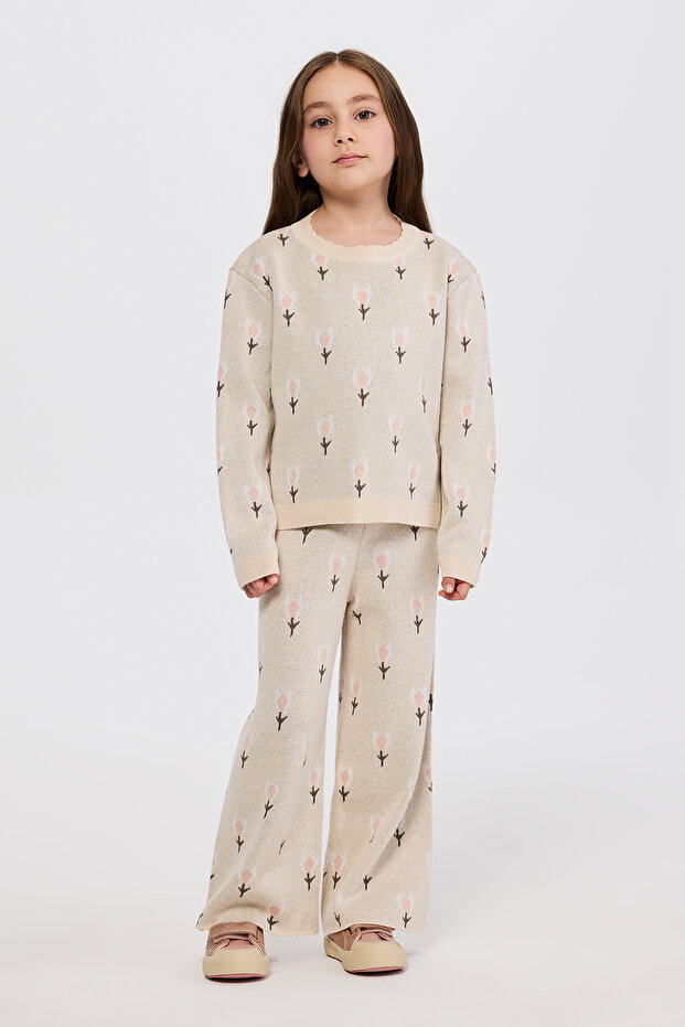 Girl's Beige 2-Piece Knitwear Set with Elastic Waist