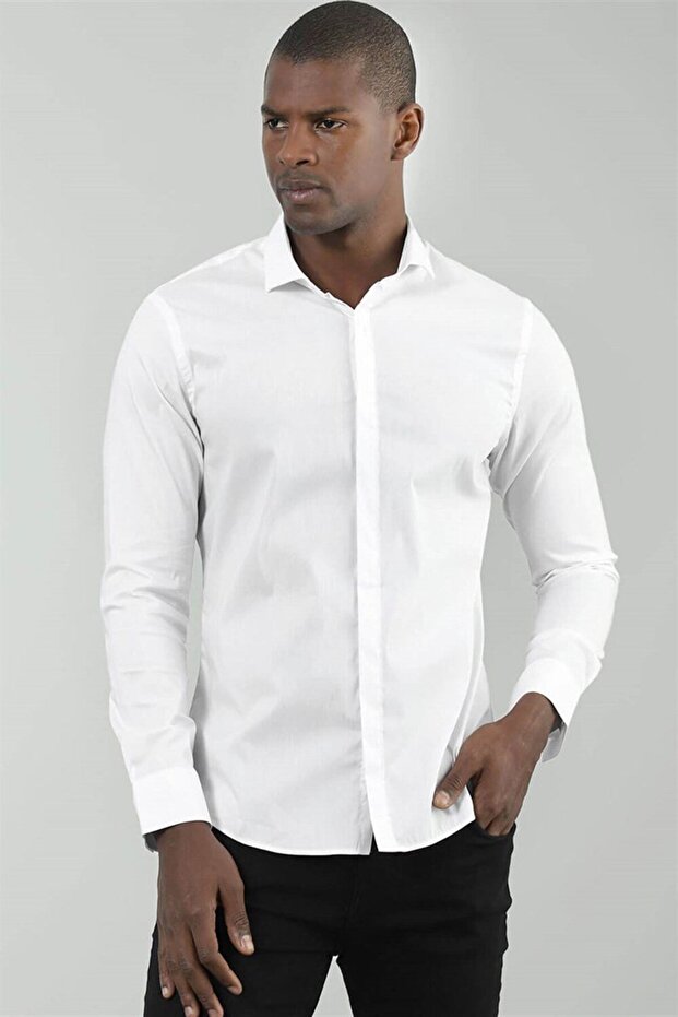Super Slim Fit Long Sleeve Cotton Lycra Men's White Shirt