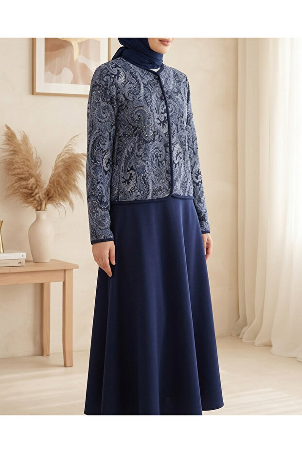 بدلة سكوبا بأزرار دائرية بنمط عرقي - كحلي - 4