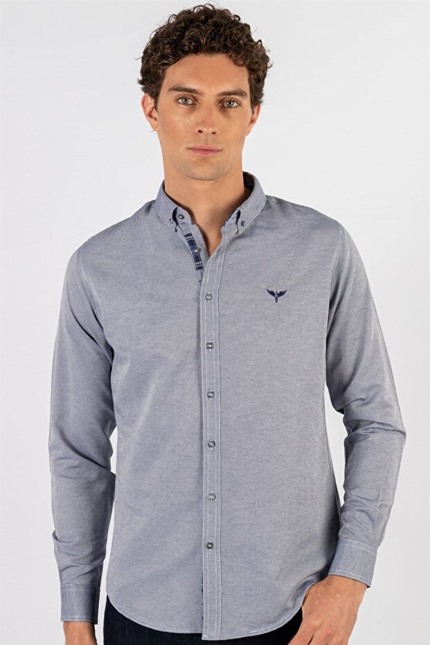 Men's Slim Fit Slim Cut Long Sleeve Cotton Oxford Texture Easy-Iron Gray Button-Down Collar Shirt