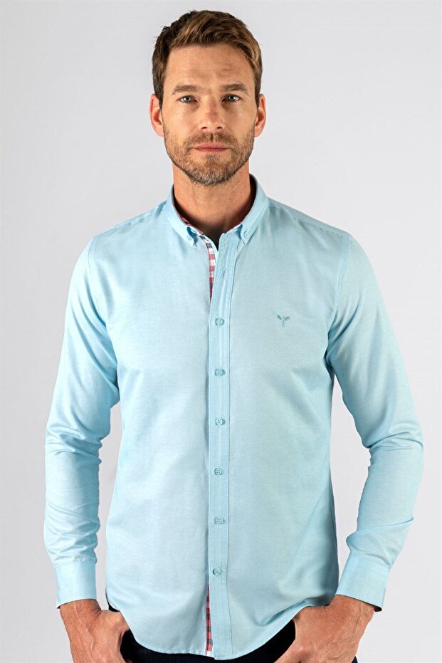 Men's Slim Fit Slim Fit Long Sleeve Cotton Oxford Texture Turquoise Button Lapel Shirt