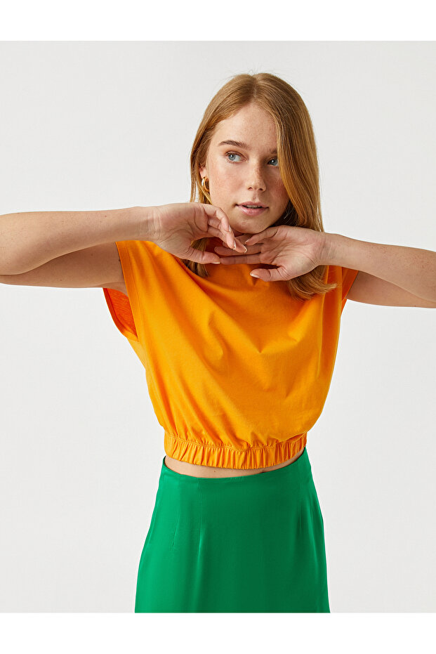 Beli Lastikli Pamuklu Crop Basic Tişört - 1
