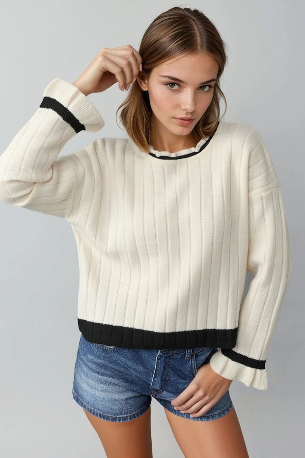 My Fashion Crew Neck Stripe Detailed Knitwear Sweater