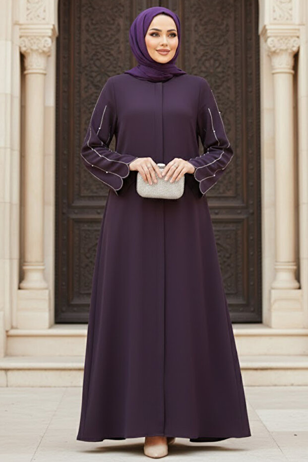 Embroidered Sleeves Plum Hijab Abaya 2634Mu