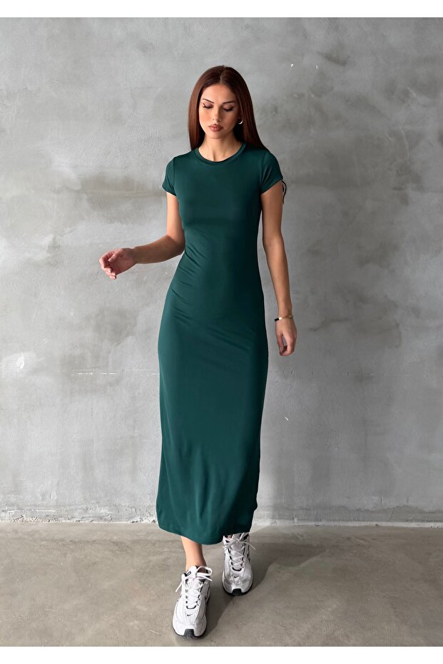 Women's Green Crew Neck Stretchy Long Dress