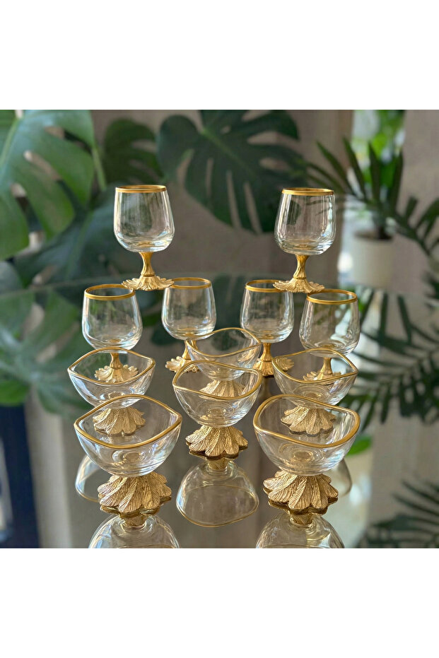 12-Piece Gold Coffee-Side 6-Piece Water Glass and 6-Piece Turkish Delight Bowl - Sugar Bowl