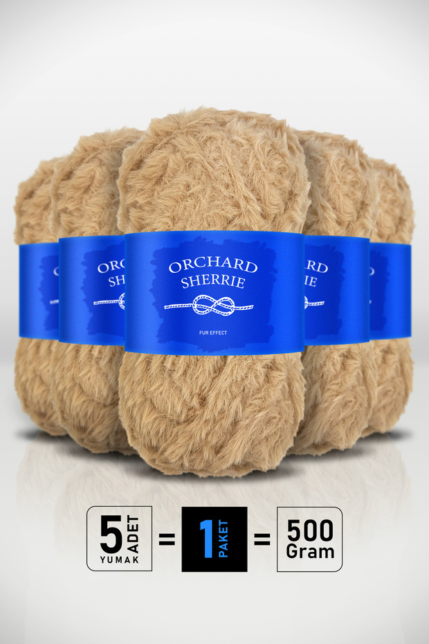 Beige • 5-Pack × 100 Gr / 60 m • Rabbit Hair Texture • Thick Fur Plush Knitting Yarn