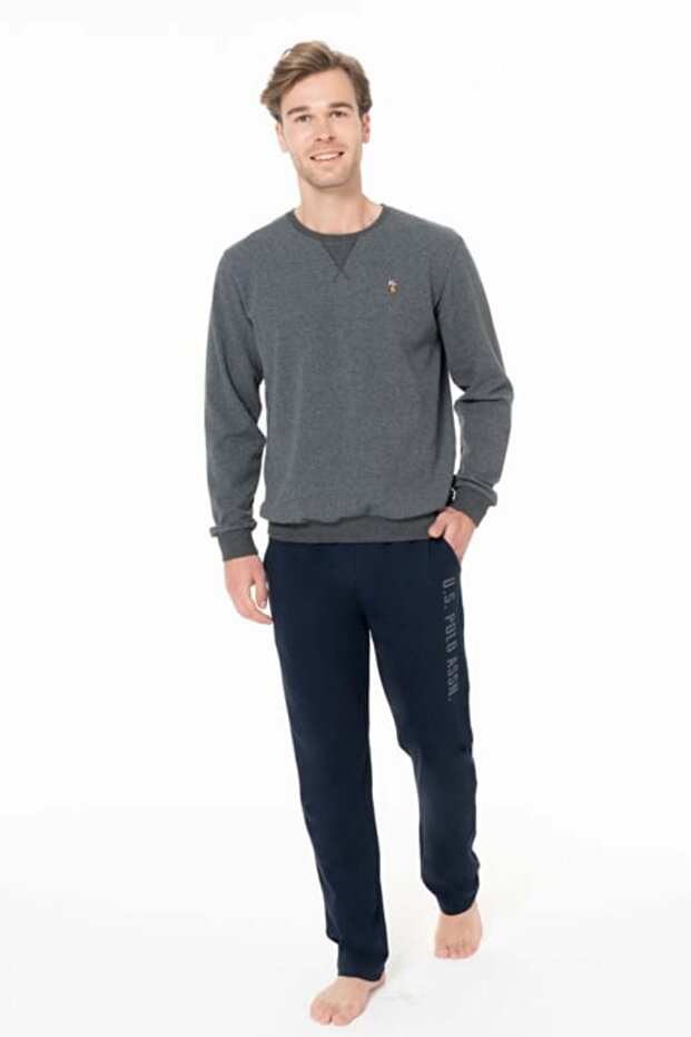 Men's Crew Neck Long Sleeve Pajama Set S26933 Comfortable Fabric with Pockets-Anthracite-M