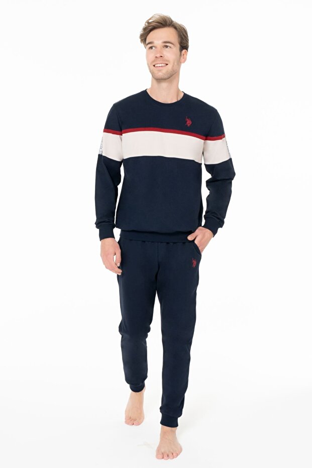 Men's Crew Neck Long Sleeve Pajama Set S26936 with Tape on the Legs Comfortable Fabric Pocketed-La