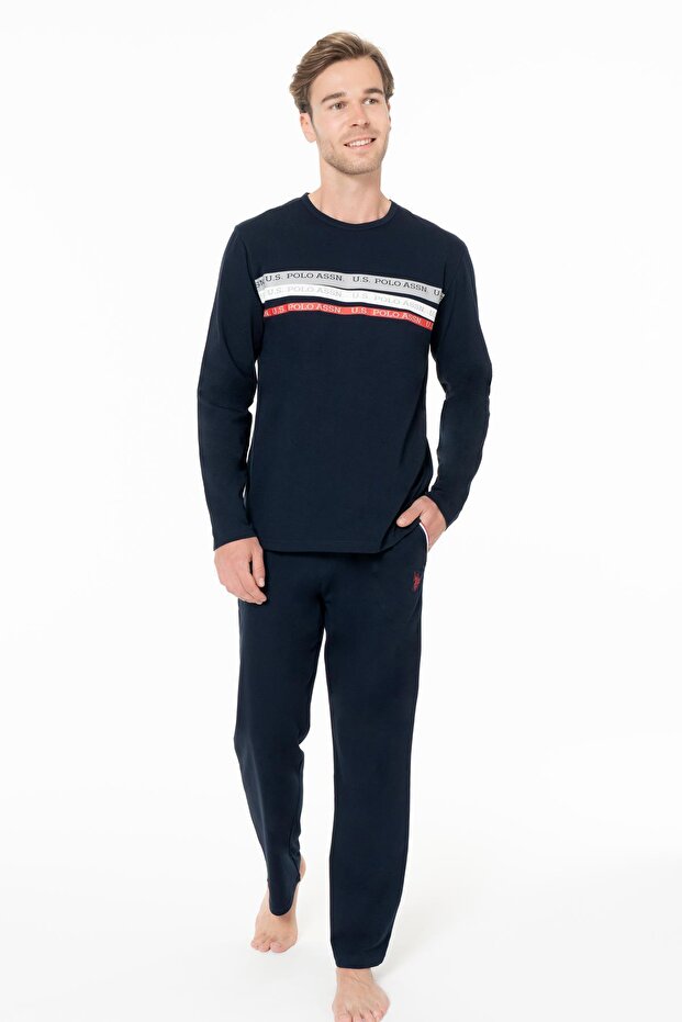 Men's Combed Cotton Woven Classic Home Wear Top and Bottom Set-Dark Blue-L
