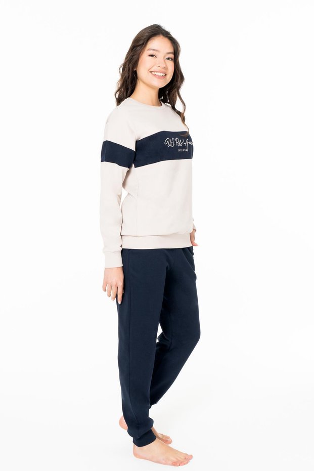 Women's 2 Thread Winter Home Wear Pajama Set, Narrow Leg, Long Sleeve, Pocket Detail-Beige-S