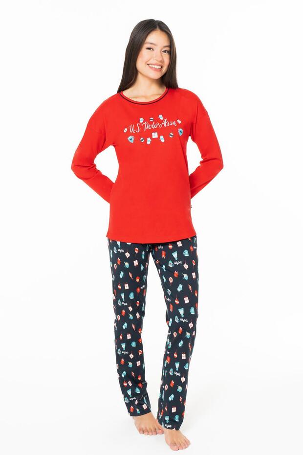 Women's 100% Cotton Uzunkol Seasonal Home Wear Pajama Set-Red-M