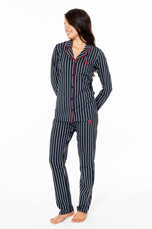 Women's Striped 100% Cotton Seasonal Shirt Collar Long Sleeve Pajamas Home Wear-Dark Blue-S