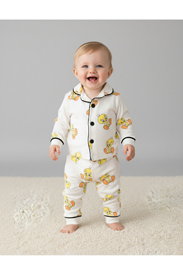 Girl Boy Baby Chick Printed Button 100% Cotton Pajama Set