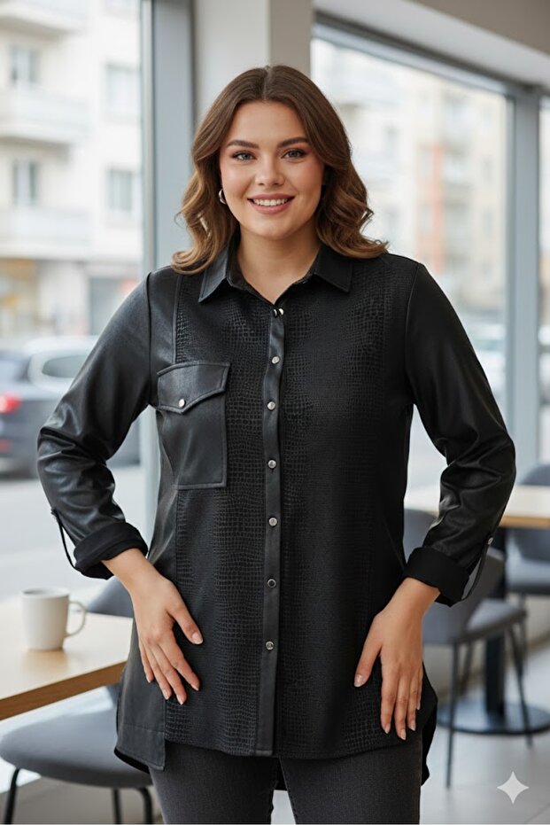 Plus Size Leather Detail Shirt Bluse