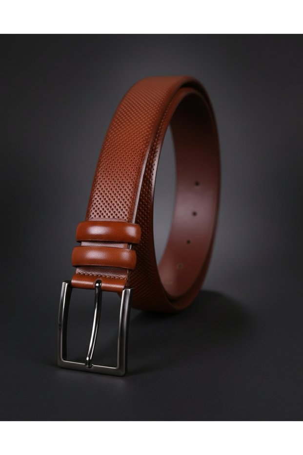 3.5 Cm Tan Patterned Original Leather Belt