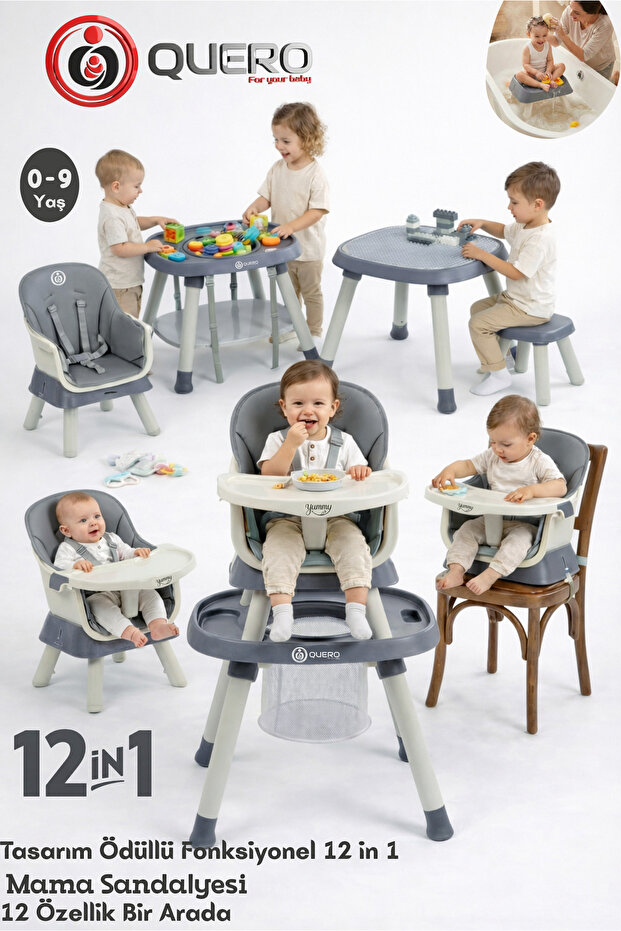 Quero Yummy 12in1 Mama Sandalyesi 12 Özellik Portatif Çalışma, Oyun Masalı Çok Fonksiyonlu Mama Sandalyesi