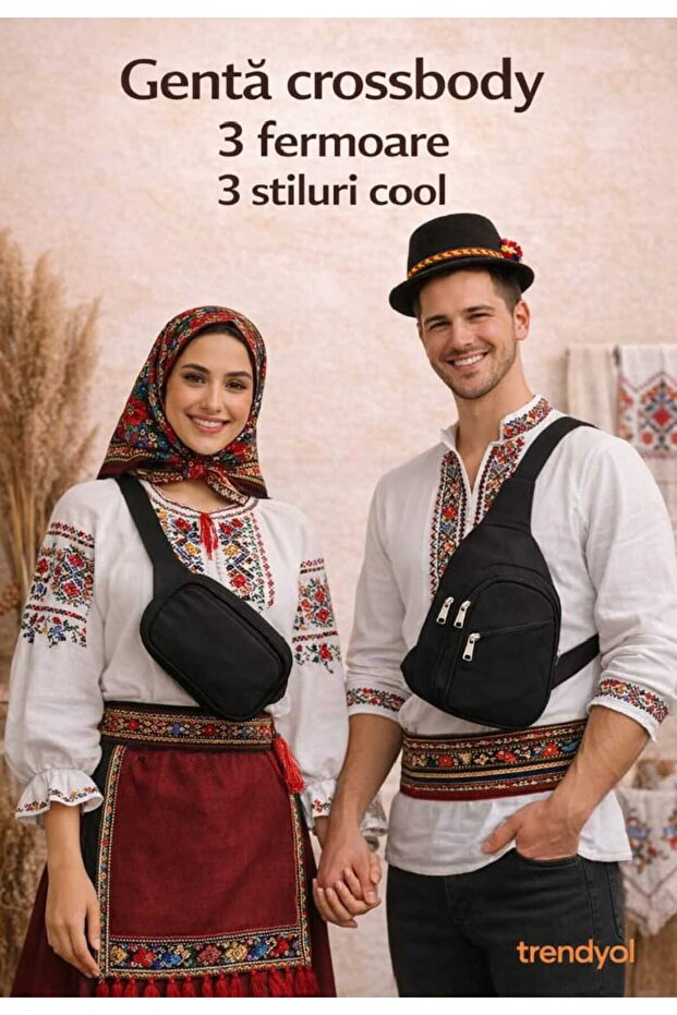 Unisex Set Dublu – Black Crossbody Bag and Bag with 3 Zippers