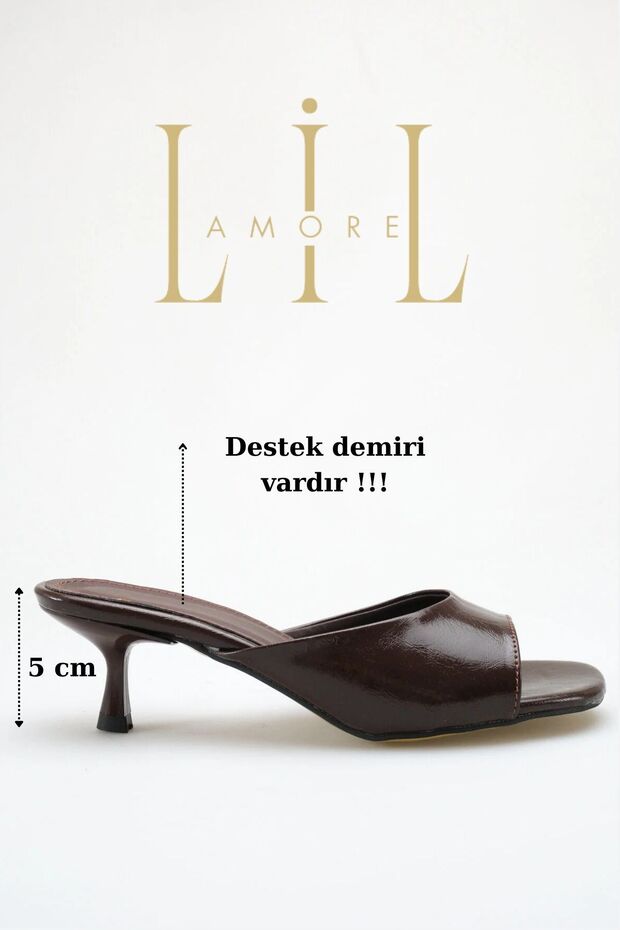 Heeled women's slippers - 5 cm thin heeled blunt toe women's slippers coffee yanki