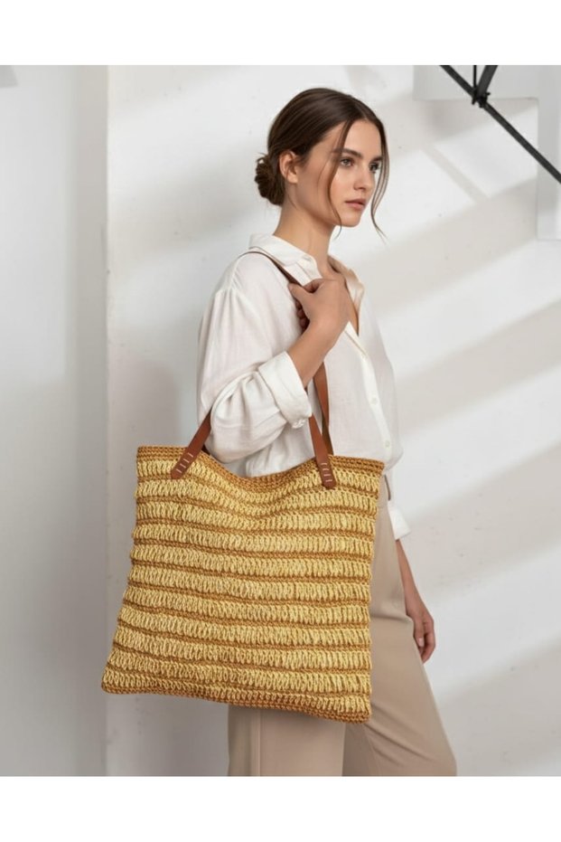 Handmade Paper Rope Weave Straw Beach Bag – Casual Shoulder Bag with Leather Strap