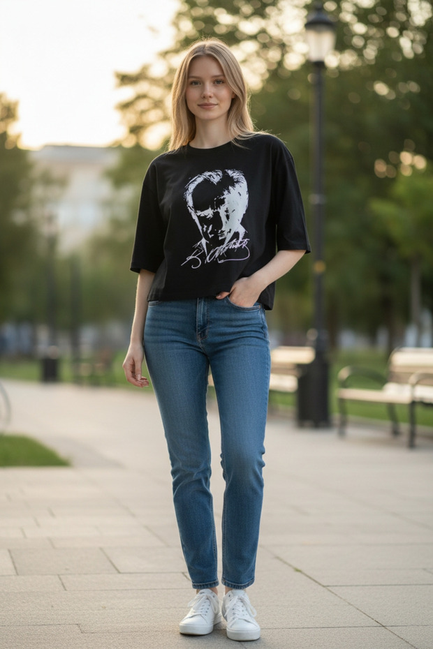 Atatürk No.1 Printed Women's Black Crop Oversize Cotton T-Shirt