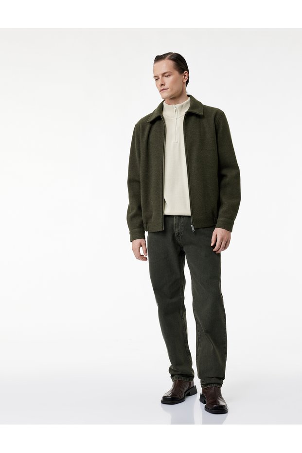 Regular Fit Pocketed Shirt Collar Zippered Cashmere Jacket