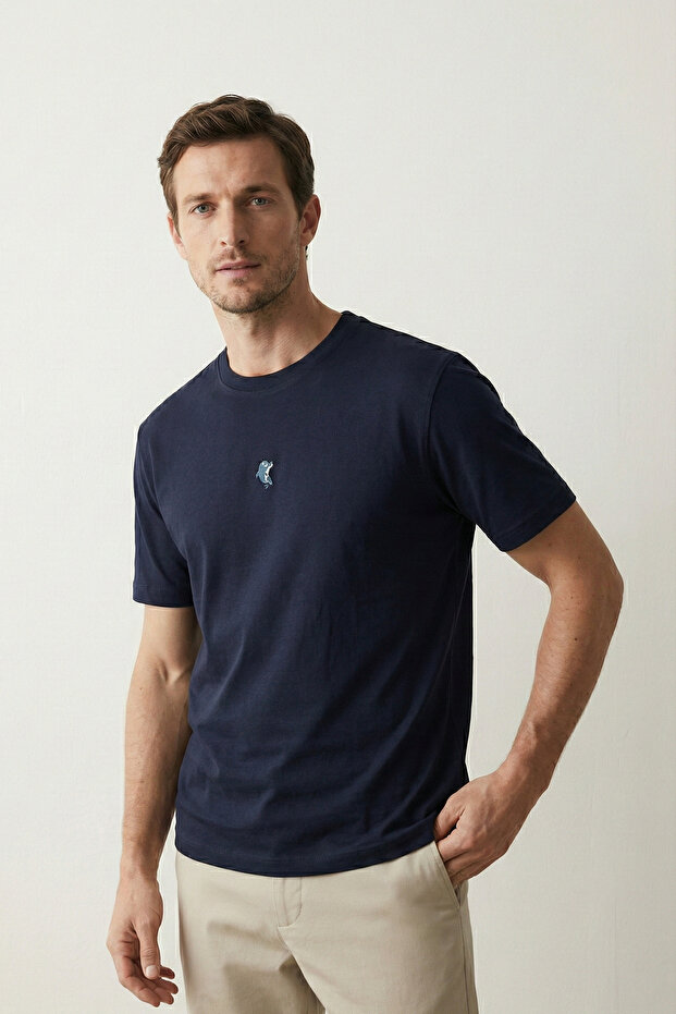 100% Cotton Compact Combed Single Jersey Dolphin Embroidered Trend Fit Tok Fabric Men's T-Shirt Relaxed Fit Navy Blue