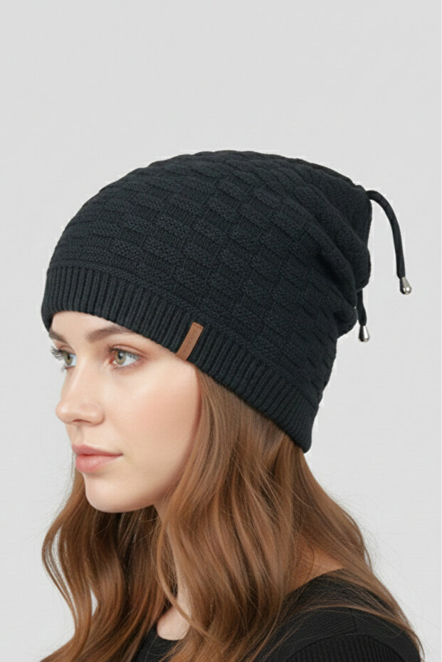 Beanie Drawstring Hanging Hip Hop Slouchy Popular Knitwear Lined Unisex Dark Anthracite