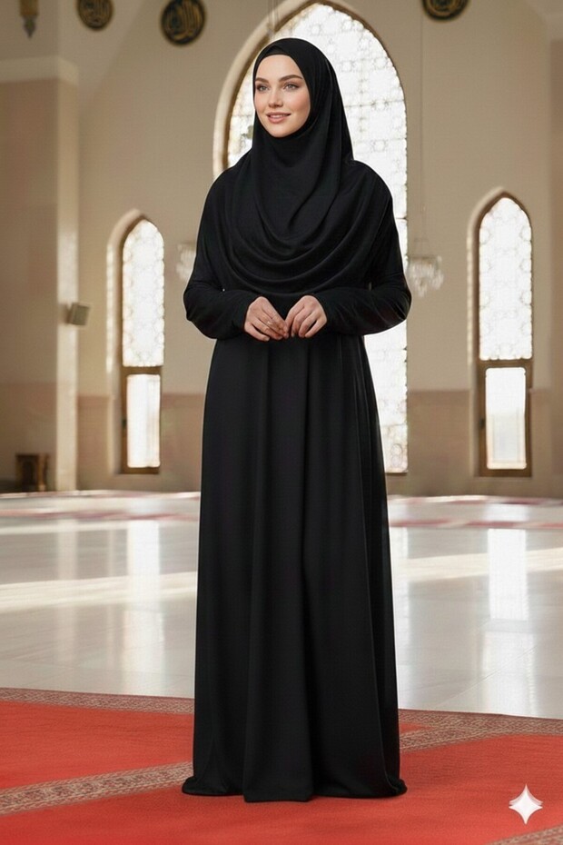 Easy-To-Wear Hijab One-Piece Prayer Dress Black