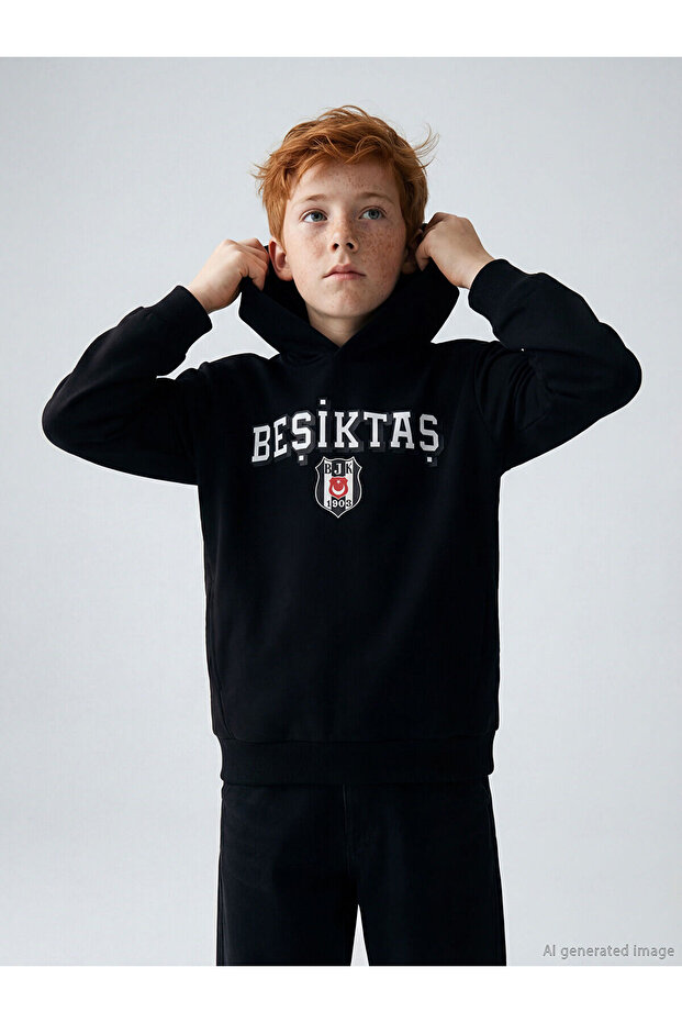 Lcw Kids Black Hooded Beşiktaş Printed Boys' Sweatshirt S62488Z4