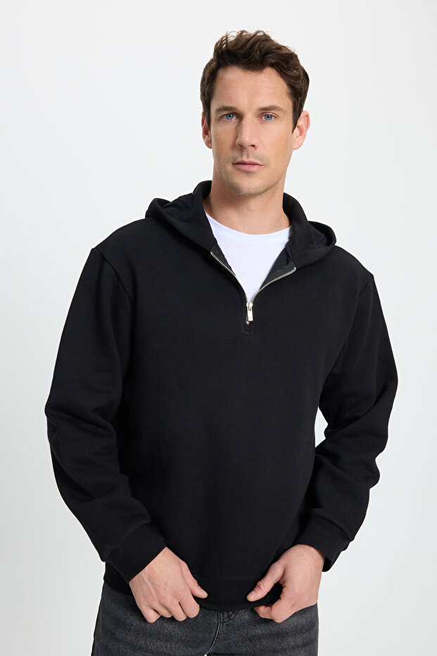 Unisex Relax Fit Relax Cut Cotton Fleece Inside Half Zip Black Hooded Sweatshirt