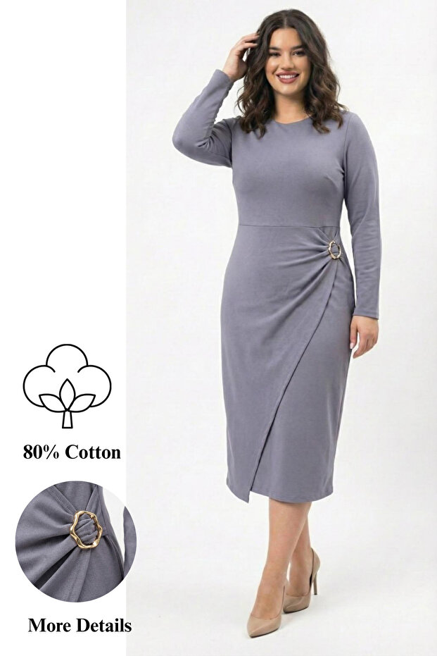 Women's Plus Size Long Sleeve Front Buckled Double Jersey Fabric Dress 5430-26