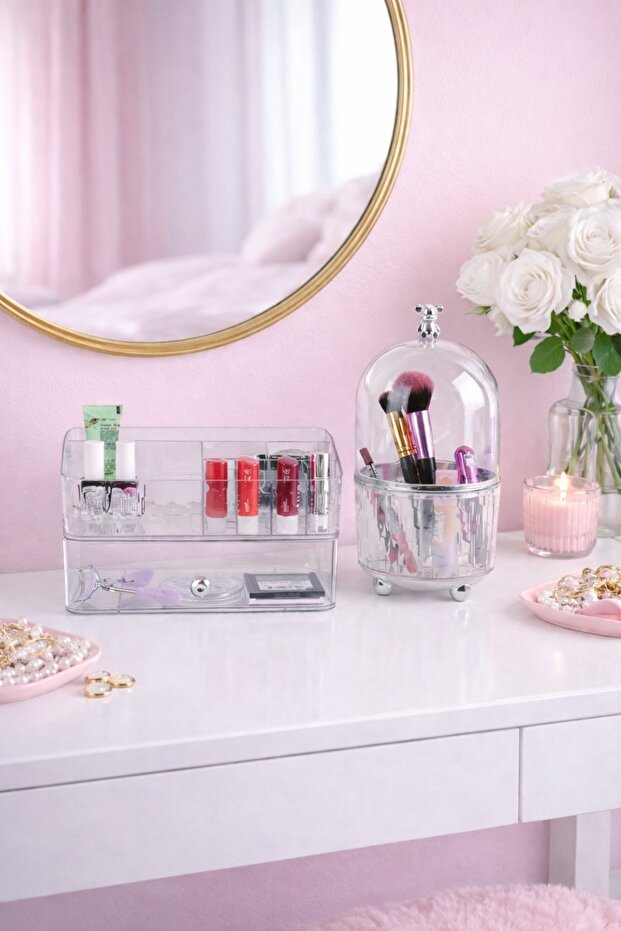 2-Piece Transparent Acrylic & Lid Makeup Organizer Set – Brush, Lipstick, and Cosmetic Organizer