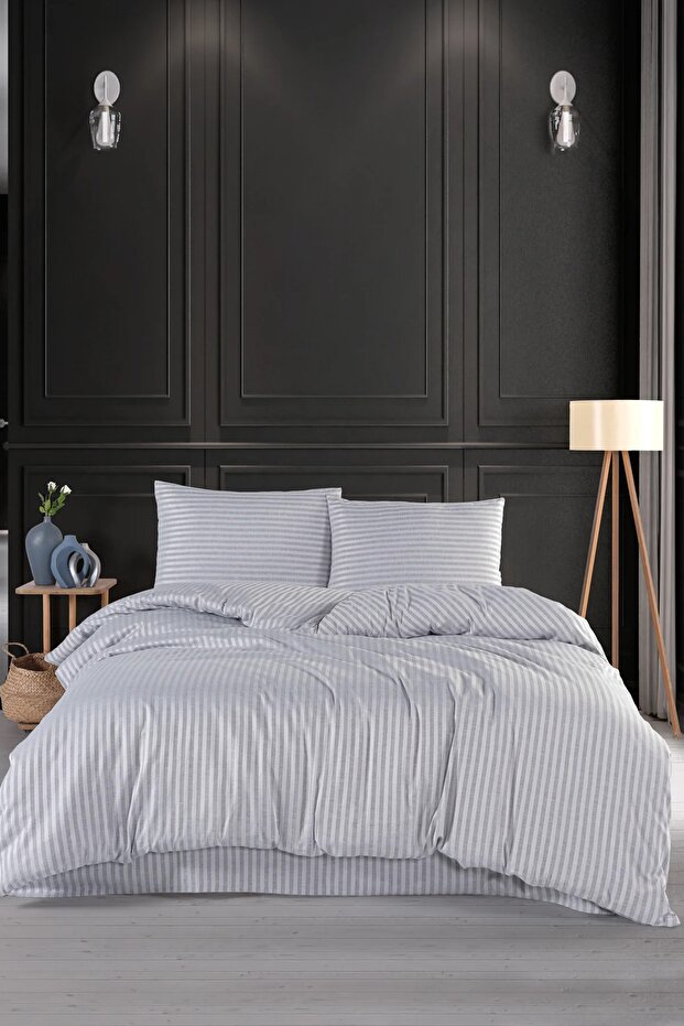 Double Striped Satin Duvet Cover Set Gray