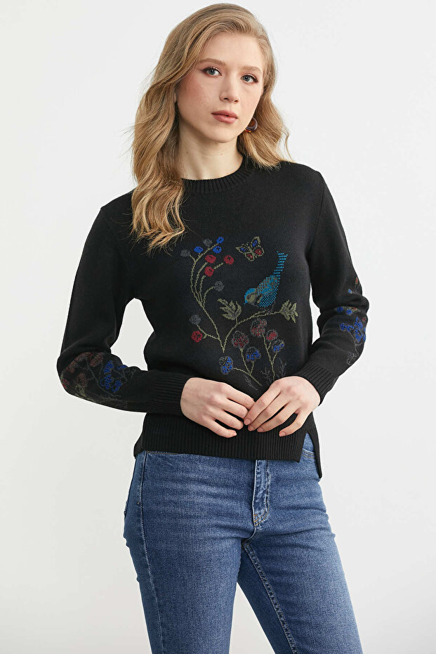 Kuş Desenli Basic Triko Kazak - Siyah - 4