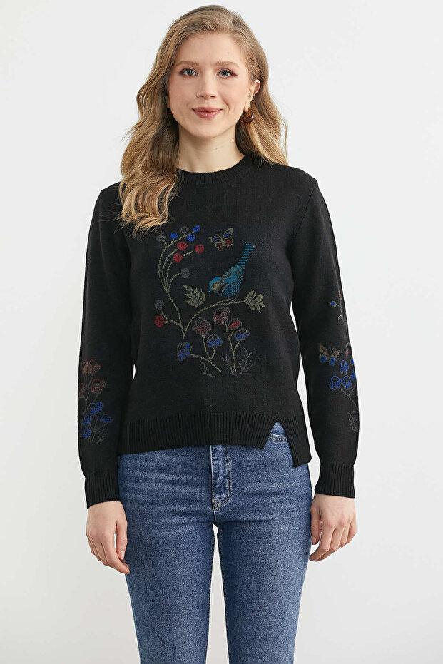 Kuş Desenli Basic Triko Kazak - Siyah - 1