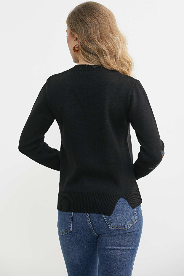 Kuş Desenli Basic Triko Kazak - Siyah - 5