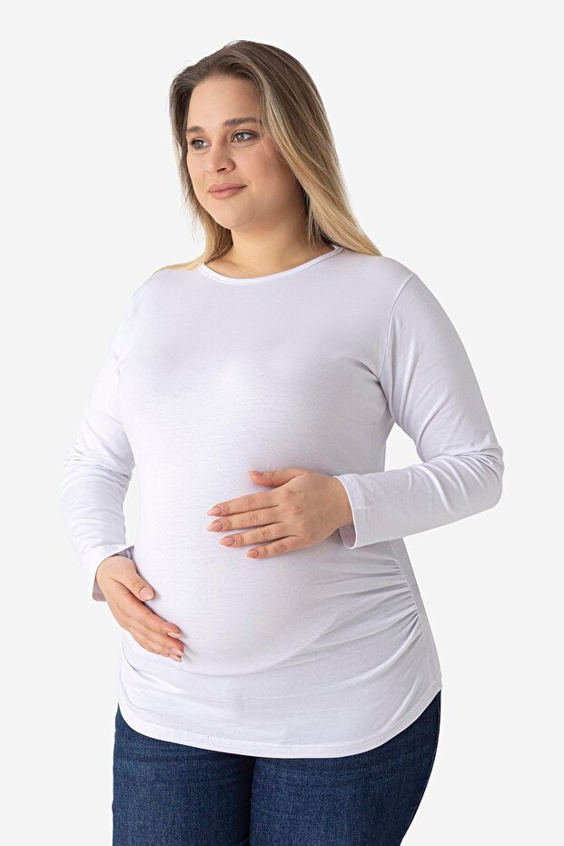 White Long Sleeve Maternity T-Shirt Cotton Stretch Fabric Soft and Stretchy Fabric