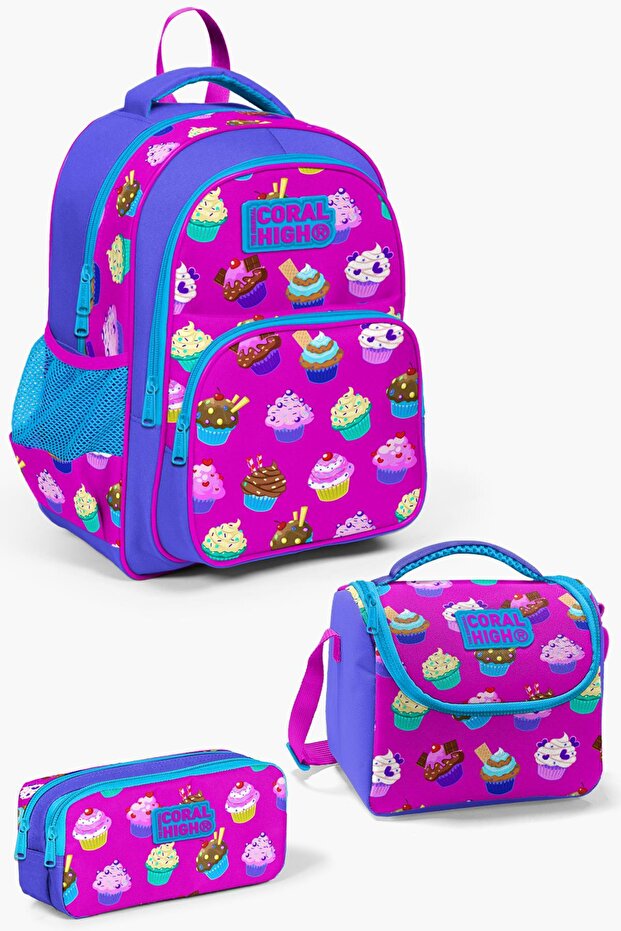 Kids Lavender Pink Cupcake Patterned 3-Piece School Bag Set Goset 0123495