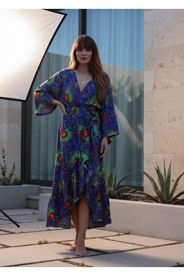 PEACOCK BOHO STİL VİSKON ELBİSE - mor - 3